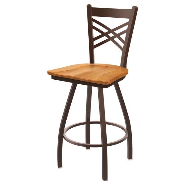 36" Swivel Bar Stool, Bronze Finish, Med Maple Seat